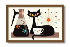 a black cat sitting next to a coffee cup on top of a table in front of a clock