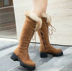 Trendy Fashion Womens Winter Fur Lined Knee High Snow Boots Warm Lace Up Low Heels Casual Shoes, Fashion winter shoes Knee High Boots Winter, Basic Boots, Womens Suede Boots, Boots Chunky, Lace Up High Heels, Chunky Heels Boots, Snow Boots Women, Fashion Winter, Winter Shoes