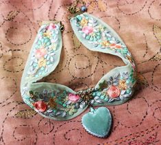 Rococo Choker, Boho Wedding, Embroidered Floral, Silk Velvet Heart, Limited Edition, Pink, Mint, Blue, Wide Ribbon Choker, Something Blue - Etsy Ribbon Choker, Spiral Necklace, Velvet Heart, Boho Choker, Textile Jewelry, Rilakkuma, Choker Necklaces, Ribbon Embroidery, Fabric Jewelry