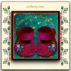 a pair of pink baby shoes sitting on top of a green and red background with the words children's in multicoloring