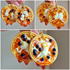 four pictures of different types of waffles with blueberries and cheese on them