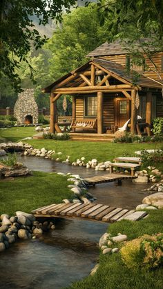 a log cabin sits next to a small stream and picnic table in the foreground