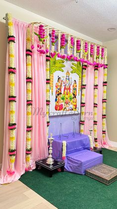 Indian House Warming, House Warming Decoration, Backdrop Setup, Leaf Decor Wedding, Ganpati Decoration Theme, House Warming Party, Simple Stage Decorations, Home Flower Decor