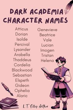 a pink poster with the names of different characters in english and spanish, including an image of