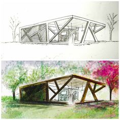 two different views of a building with trees in the front and side, one is made out of wood