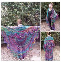 the woman is wearing a colorful crocheted shawl