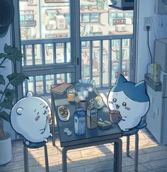 two cartoon cats sitting at a table in front of a window with food on it