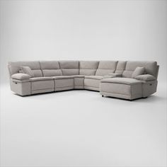 Modern style includes reclining that doesn’t look like reclining—like our Brookdale 6-Piece Dual-Power Reclining Sectional With Chaise. Adjustable headrest and footrest, cozy deep seats and lots of cushions and pillows—it doesn’t get any comfier. | Brookdale 6-Piece Dual-Power Reclining Sectional with Right-Facing Chaise and 2 Reclining Seats in Ivory | by Value City Furniture Reclining Sectional With Chaise, Settee Bench, Kids Cabinet, Sectional With Chaise, American Signature Furniture, Reclining Furniture, Value City Furniture, King Mattress, Twin Mattress