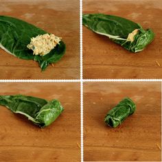 four pictures show how to cut and diced spinach leaves with cheese on them