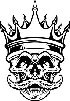 a skull with a crown on it's head and a mustache in the middle