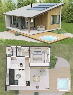 an aerial view of a small house with a pool and hot tub in the backyard