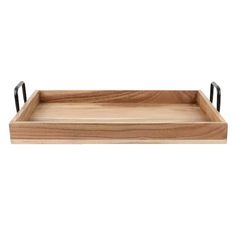 a wooden tray with metal handles on the bottom and one handle is shown in black