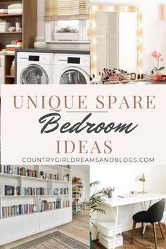 the words unique spare bedroom ideas are in front of an image of a washer and dry