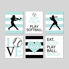 four baseball cards with the words keep calm, play softball, eat sleep play repeat