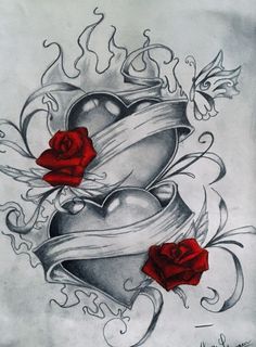 a drawing of two hearts with roses on the side and an arrow in the middle