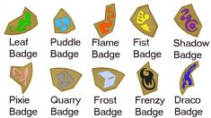 an image of some badges that are in different shapes and sizes on a white background