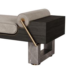 the back end of a bench with a cushion on it and a metal bar at the bottom