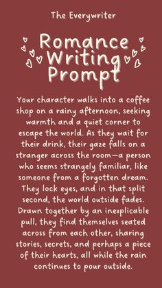 Looking to ignite your creativity with some fresh ideas? This romance writing prompt is perfect for adding depth to your characters and exploring themes like 2nd chance romance or boss romance dynamics. Save this to your 'writing prompts' board and use it to inspire your next story, whether it’s for a 30-day writing challenge or just to beat writer's block. Perfect for aspiring authors looking to create unforgettable character names and compelling plot twists. Ways To Start A Romance Story, Story Hooks Ideas Writing Prompts, Rom Com Writing Prompts, Writing Plot Prompts, Romance Story Starters, Romance Plot Ideas Writing Prompts, Quick Writing Prompts, Plot Ideas Romance, Gay Writing Prompts