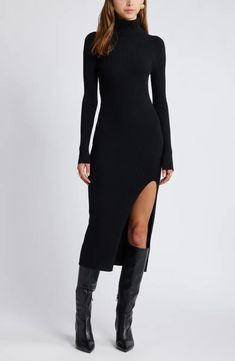 Open Edit Rib Long Sleeve Turtleneck Sweater Dress | Nordstrom Sweater Dress With High Boots, Chic Long Ribbed Sweater Dress, Long Ribbed Bodycon Sweater Dress, Fitted Long Ribbed Sweater Dress, Ribbed Fitted Midi Dress, Fitted Ribbed Midi Dress, Stretch Midi Dress With Side Slits And Split Hem, Long Ribbed Stretch Bodycon Dress, Winter Ribbed Stretch Midi Dress