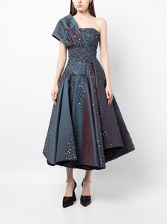 Saiid Kobeisy Mikado Beaded one-shoulder Dress - Farfetch Saiid Kobeisy, Bead Embellishment, Corset Bodice, Wedding Guest Looks, City Dress, Summer Beach Wear, Corset Style, Blue Beads, Full Skirt