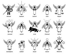 an image of angels and demon symbols in black and white illustration on a white background