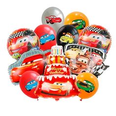 the birthday balloon bouquet features cars and balloons