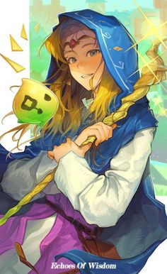 an anime character with long hair and a blue hoodie holding a wand in her hand