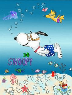 a dog is diving in the ocean with an inscription snoopy on it's chest