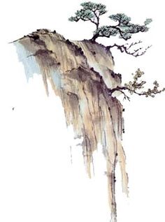 a drawing of a tree on top of a mountain with ice hanging from it's branches