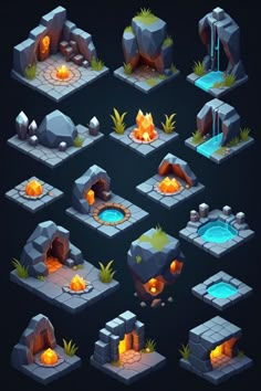 a set of low poly stone structures with fire, water and plants in them for the game