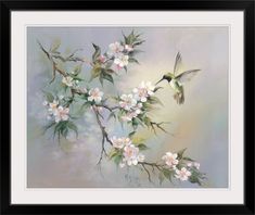 a painting of a hummingbird on a branch with white and pink flowers in the foreground