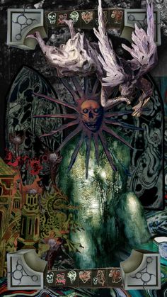 an altered photograph of a woman with wings and skulls on her face, surrounded by other art work