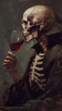 a painting of a skeleton holding a glass of wine