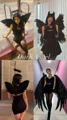 three different pictures of women in costumes with wings on their heads and one has her hair pulled back