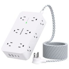 an electrical outlet with two cords and one plugged in to the power strip, on a white background