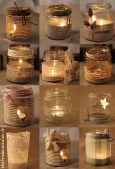 many different jars with candles in them and some paper doily on the top one