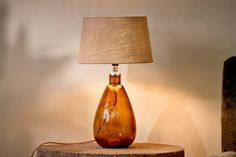 a lamp sitting on top of a wooden table