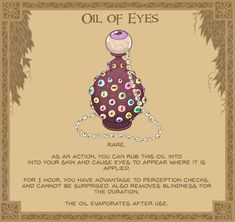 an old fashioned bottle with beads on it and the words oil of eyes written below