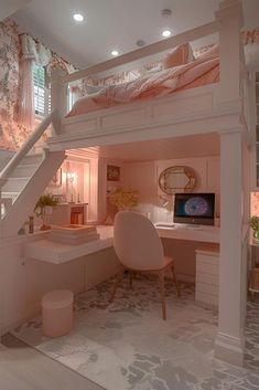 a loft bed with desk underneath it and stairs leading up to the upper floor area