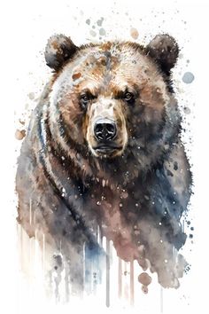 a watercolor painting of a brown bear's face and head, with spots on it