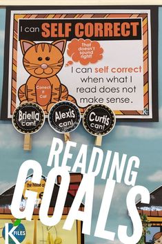 a bulletin board with reading goals written on it and an orange cat in the background