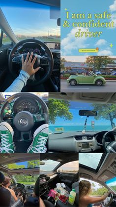 the inside of a car is shown with images of people driving and holding their hands on the steering wheel