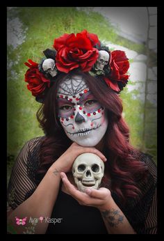 The perfect Day of the Dead crown! © Aya Kasper Photography modeled by Alex.  I have a version very similar to my original shown, Ready to ship!  A traditional rose crown perfect for Day of the Dead dolls :) This headdress is made with shimmering black and velvet red roses and detail with little skulls. Made on a study headband this piece is perfect for your day of the dead costume! Yours will be very similar to the one shown. Skulls and flower color may vary for each piece.  ................... Day Of The Dead Crown, Butterfly Flower Crown, Festival Of The Dead, 2015 Halloween Costumes, Sugar Skull Face, Mexican Themed Weddings, Harvest Day, Rose Day