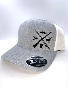 Flexfit 110 light grey and white SnapBack adjustable hat with black vinyl design of gun/rod crossed and phesant, walleye, buck and MinnesotaMade to order Black Hunting Cap, Adjustable Gray Hat For Fishing, Gray Trucker Hat With Short Brim For Outdoor, Adjustable Gray Fishing Hat, White Trucker Hat For Fishing, Hat Designs Vinyl, Cricut Hat Ideas, Pit Vipers, Funny Trucker Hat