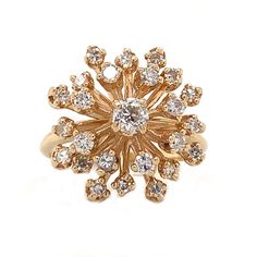 This alluring ring has an eye catching look with its vintage styling. Round cut diamonds highlight the flowery cluster design of this 18 kt. yellow gold ring. The diamonds are F color and SI-1 clarity with a total weight of 0.60 ct. The ring can be resized, let us know your finger size and the ring will arrive ready to wear! Vintage Cluster Ring, Cluster Design, Vintage Styling, Stone Cuts, Vintage Diamond, Cluster Ring, Diamond Stone, Round Cut Diamond, High Quality Jewelry