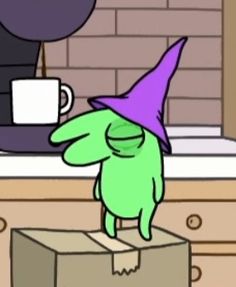 a cartoon character standing on top of a box in front of a coffee cup and saucer