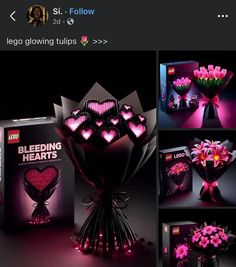 a bunch of flowers that are in some kind of vase with lights on them and the box is lit up