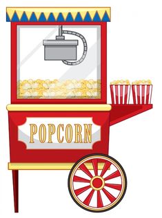 a red popcorn cart filled with lots of popcorn