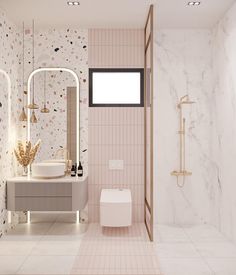 the bathroom is decorated in pastel tones and features white tiles, pink walls, and gold fixtures