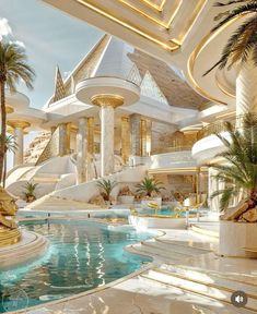 an indoor swimming pool in the middle of a building with stairs and palm trees on either side